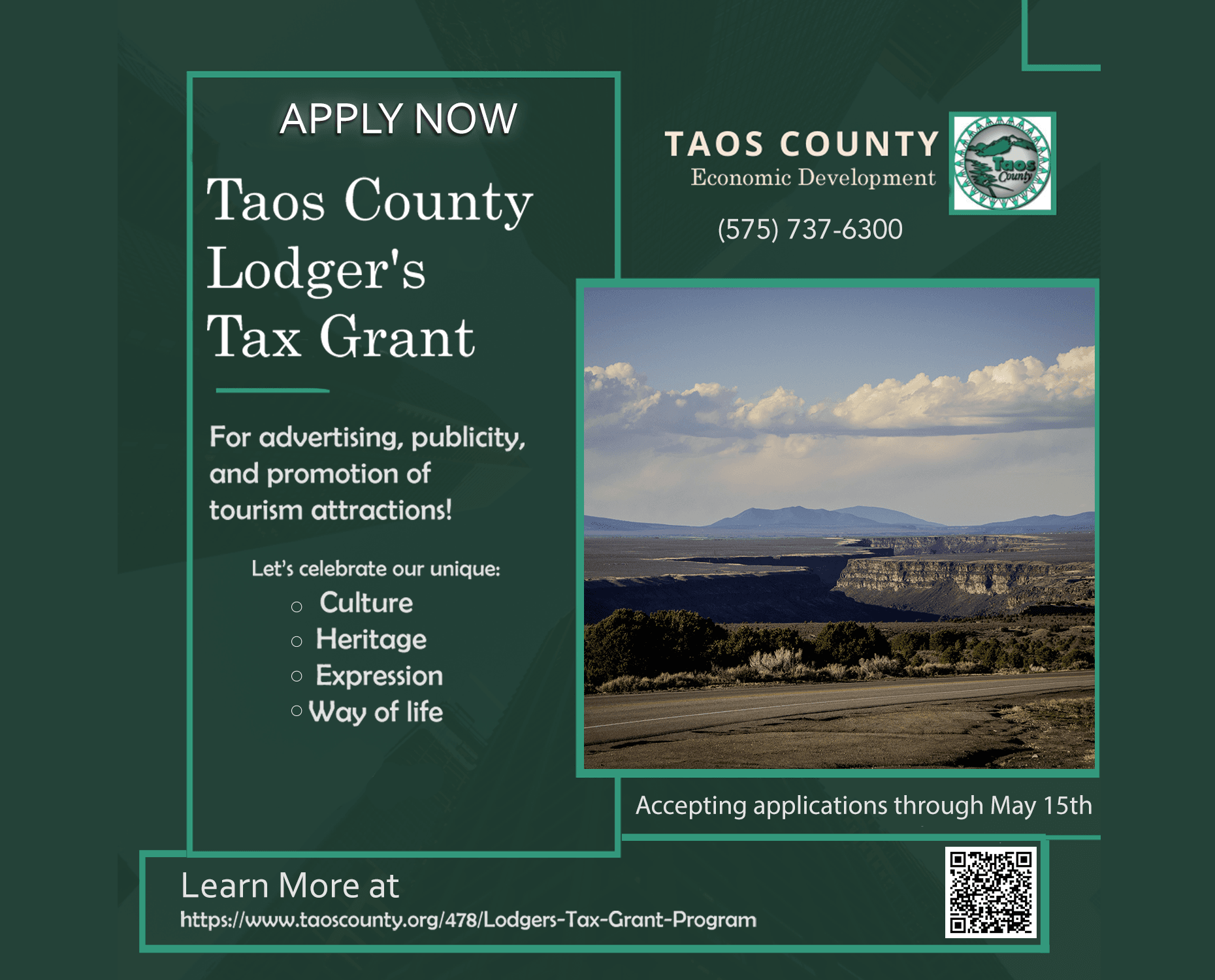 Ad showing information to apply for FY25 Taos County Lodger's Tax with a photo of the Gorge